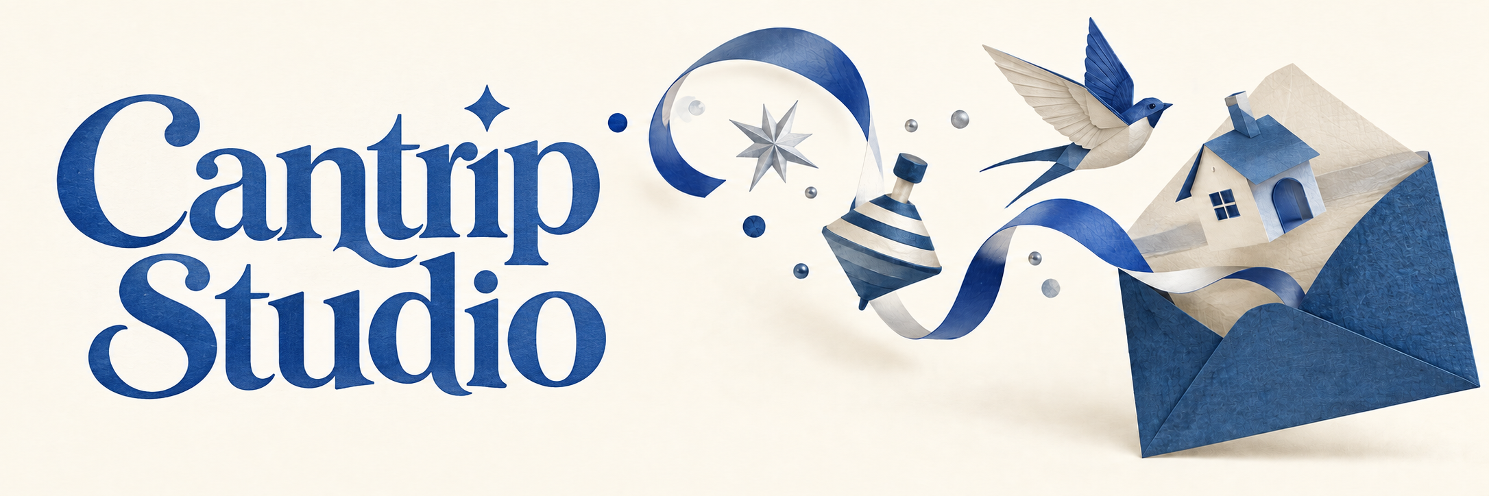 Cantrip Studio — paper envelope releasing a tiny house, bird, spinning top and ribbon in blue and cream.